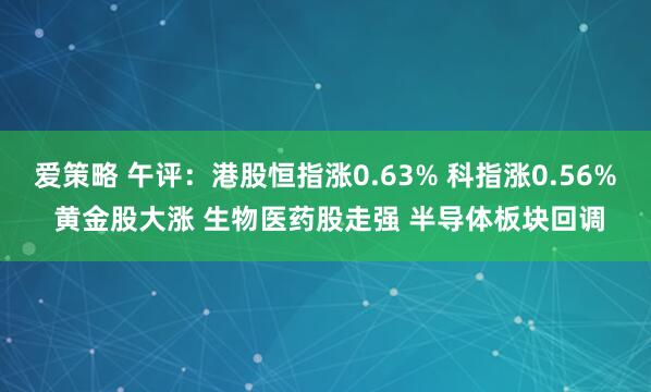爱策略 午评：港股恒指涨0.63% 科指涨0.56% 黄金股大涨 生物医药股走强 半导体板块回调